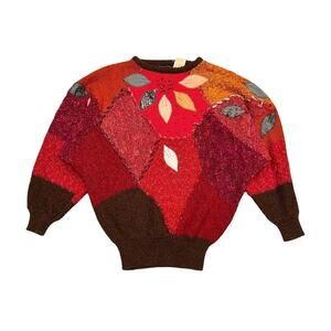 ★ Vintage 80s Patchwork Color Block Knitted Leaf Pattern Sweater from 20 Ans ★